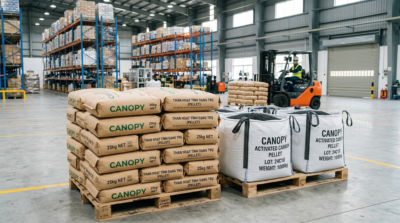 Bao bì đóng gói than hoạt tính dạng trụ Canopy 25kg và bao Jumbo 1 tấn tại kho Gia Lai